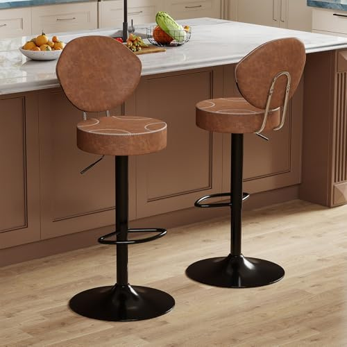 Youhauchair Barhocker 2er Set, Braun | 8 cm dicken Sitz, 360 drehbare, mit Rückenlehne, Höhenverstellbarer, Kunstleder