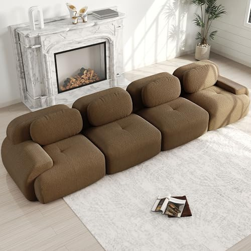 NuvlaGu Modulares 4-Sitzer Sofa aus Cord – Rahmenloses Big Sofa mit 32D Hochelastik-Schaum, ergonomisch & haustierfreundlich, frei kombinierbar, rutschfest, montagefrei, Wohnzimmer & Büro,Braun