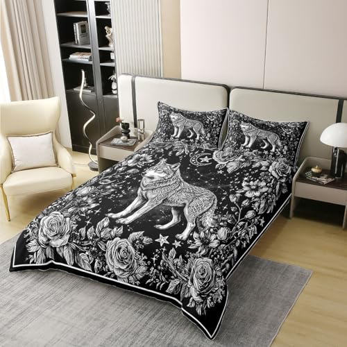 richhome Wolf Baumwolle Bettwäsche Set 135x200cm Wölfe Heulen Bettbezug Set für Jungen Mädchen Tier Wölfe Bettwäsche-Set 2Stück Mountain Moon Wolf Zimmer Dekoration Rose