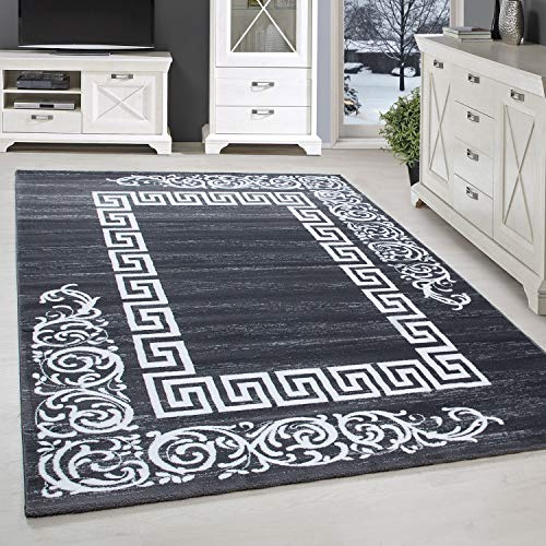 SIMPEX Kurzflor Teppich 160x230 cm, Modern Mäander Design in Grau Weiß, Pflegeleicht, ideal für Wohnzimmer, Esszimmer oder Schlafzimmer