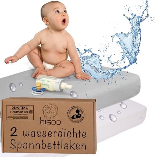 Bisoo Spannbettlaken 70x160-2in1 Bettlaken Matratzenschoner 70 x 160 Wasserdicht für Kinderbett und Juniorbett aus 100% Baumwolljersey Öko-Tex Zertifikat - 2 Stück Set Weiß + Grau 160x70 cm