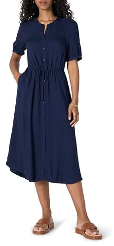 Amazon Essentials Damen Relaxed Fit Atmungsaktives Midi-A-Linienkleid mit Halbärmeln, Vorderer Knopfleiste, Kordelzug in der Taille und Taschen