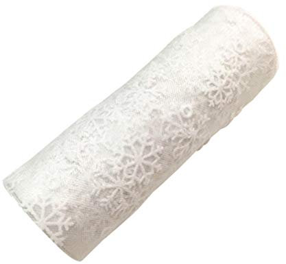 MILISTEN - Rotolo di tulle/organza natalizio con brillantini e motivo fiocchi di neve, per involgere regali di Natale e fiocchi, per runner da tavola decorativi (15 cm, 9 m, colore: bianco)