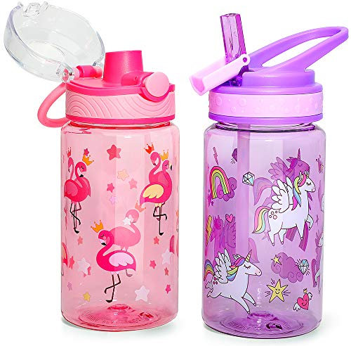 Home Tune Bouteille d'eau pour enfants 473 ml - Tritan sans BPA, couvercle rabattable, couvercle en paille Sip, boucle de transport, étanche pour filles et garçons - lot de 2 licorne et flamant rose