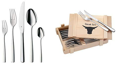 WMF Boston Cromargan Cubertería, Acero Inoxidable, Acabado Pulido, 30 Piezas para 6 Comensales + Juego 6 Cubiertos para Carne, Acero Inoxidable Pulido, 12 piezas