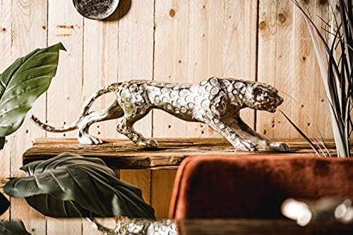 MichaelNoll Leopard Raubkatze Katze Figur Dekofigur Deko Aluminium Silber Skulptur Modern - Dekoration aus Metall - Für Wohnzimmer, Schlafzimmer, Büro - 40 cm, 48 cm oder 78 cm (40x9x12 cm (LxBxH))