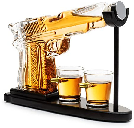 The Wine Savant Pistol Whiskey & Wine Decanter - 7.6OZ Pistol Whiskey Gun Decanter & 2 1.5OZ Bullet Shot Glasses - Military, Veteran, Law Enforcement Gifts, Drinking Accessories