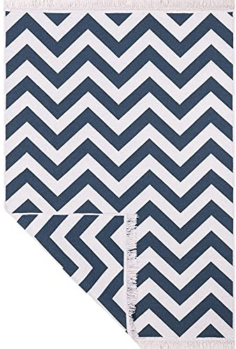 Fashion4Home Teppich Läufer - Tepiche für Wohnzimmer, Schlafzimmer, Küche, Kinderzimmer, Badezimmer - Boho Kelim - Läufer Flur, Zigzag-Blau-Weiß, Größe: 120x170 cm