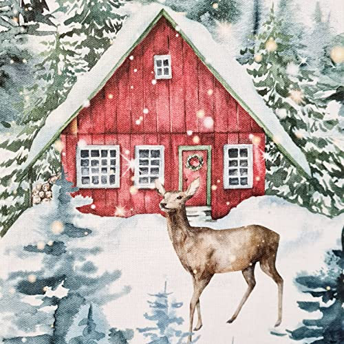 Aussergewöhnlicher Weihnachtsstoff Preis je Meter Meterware Wald Rehe Haus Winterlandschaft Aquarell Weihnachten Dekostoff Vorhangstoff