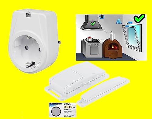 FUNK-ABLUFTSTEUERUNG High-Tech-Set Dunstabzugshaube Fensterk-Kontaktschalter - 1000W Power-Mini-Zwischenstecker +Magnet-Fenstersensor +Ersatzbatterie | EINSATZFERTIG ANGELERNT-EINFACHSTE INSTALLATION!