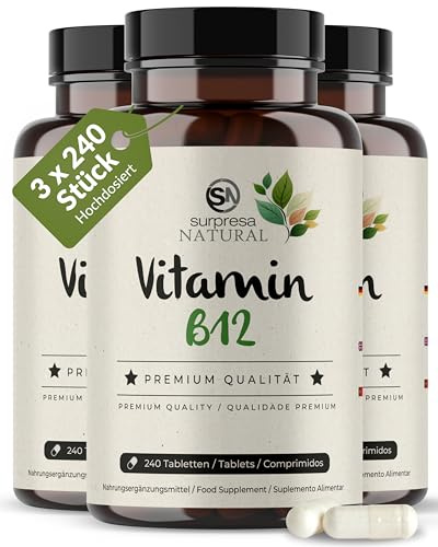 Surpresa Natural Vitamin B12 Tabletten I 3 x 240 Stück I Mit 500 µg Vitamin-B 12 aus Methyl- & Adenosylcobalamin I Vorrat für 24 Monate I Vitamin-B-Komplex hochdosiert I 100% vegan & natürlich