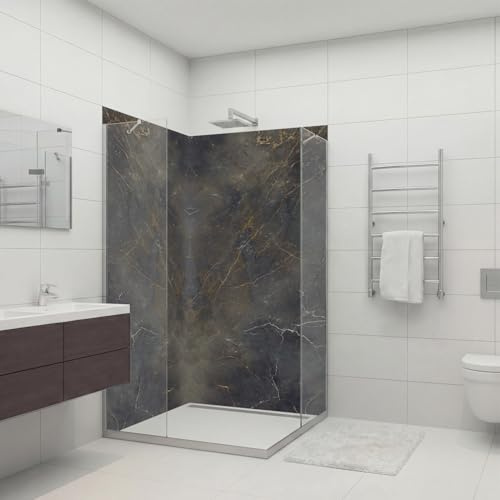 dedeco Eck-Duschrückwand wasserfest Motiv: Marmor V10, 2 x 90x210 cm, als Badrückwand zum Fliesenersatz, als Dekorwand, Wandverkleidung und Duschplatte aus Aluminium - Made in Germany