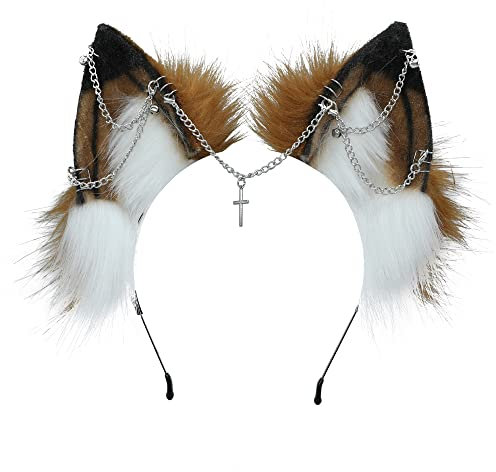 VIGVAN Handgemachte Wolf Fuchs Ohren Cosplay Kopf Zubehör Kawaii Haarband (Kette Braun Weiß)