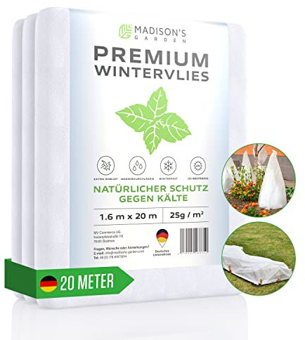 MADISON'S GARDEN Winterschutzvlies - [20m x 1,6] Wasserdurchlässig - Frostschutz Pflanzen 25g/m² - Pflanzen Winterschutz draußen - Frostschutzvlies - Wintervlies für Pflanzen Frostschutz
