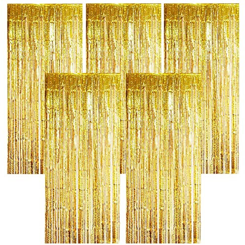 Torytoe Lametta Vorhang Gold, 5 Stück Metallische Glitzervorhang Geburtstag 1x2M Folie Vorhang Glitzer Tinsel Curtains Folienfransen Vorhang für Geburtstage Festivals Hochzeit Party Bühnendekor