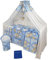 Bello24 - 16 Teiliges Babybett Kinderbett und Bettwäsche komplett Set Happy höhenverstellbar für Neugeborene Babys und Kleinkinder aus Massivholz in fantastischen Farben (Blau Teddybär auf Leiter)
