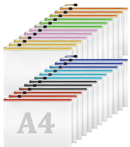 Flow fire A4 Plastic Zip Wallets, 24 Pcs Mesh A4 Zipper File Folders Lock Bags, Waterproof Document Storage Pouch for School Office Travel Receipts Storage
