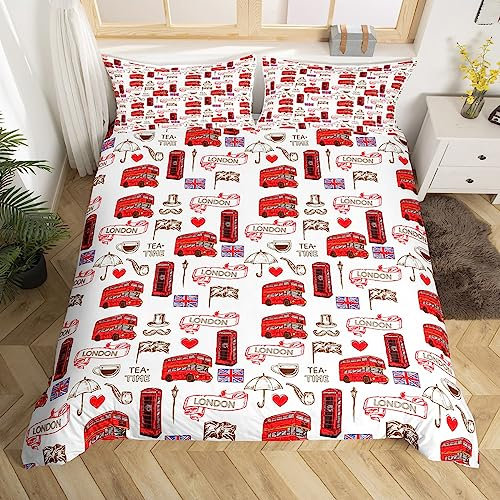 Homemissing Britisches Bettbezug-Set London, urbanes Bettwäsche-Set für Kinder, Jungen, Mädchen, Dekor, roter Bus, Bettdeckenbezug-Set, Mikrofaser, England-Flagge, Tagesdecke, Retro-Telefonzelle,