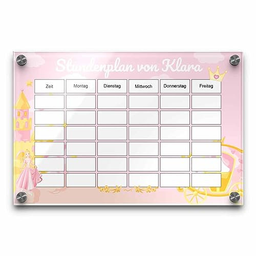 Prinzessinnen Stundenplan aus Acrylglas zum Aufhängen - personalisierbar & abwischbar! - Kinder Wochenplan für einen königlichen Schulanfang - Einschulung Mädchen Geschenk