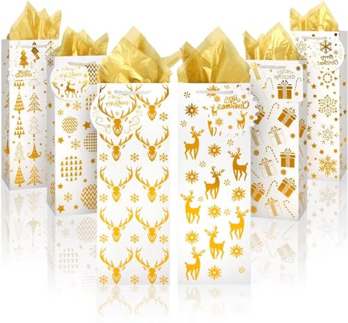 LATERN 12 Pezzi Borse per Bottiglie di Vino Di Natale, 12CM x 10CM x 35CM Borse per Bottiglie di Vino in Lamina D'oro con Carta Velina, Targhette e Maniglia per Natale Regalo Avvolgimento (6 Stili)