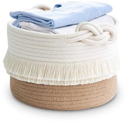 Sporgo Cesta de almacenamiento de almacenamiento: cesta trenzada de algodón cuerda redonda con asa, cesta para la ropa infantil pequeña para sala de estar, habitación infantil, baño, diámetro 24 x