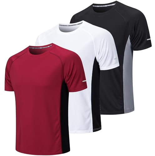 Gaiatiger 3 Pack Mens T Shirt Quick Dry Gym Shirts for Men Breathable Running Tops Moisture Wicking Sport Workout Short Sleeve Tops,20412-Black White Red-L