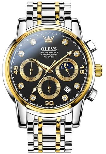 OLEVS Herren Chronograph Uhr Gold Silber Edelstahl Analog Quarz Uhr Wasserdicht Multifunktions Zifferblatt mit Datum Diamant Uhren für Männer, B6-schwarzes Zifferblatt/silbergoldenes Band, Standard,