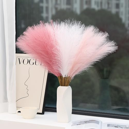 Wertuirk 60 Stück künstliches Pampasgras – 61 cm rosa Pampasgras Heimdekoration, künstliches farbiges Pompasgras für Raumdekoration, Hochzeitsdekoration und Babyparty-Dekorationen (Rouge & Weiß & Rosa
