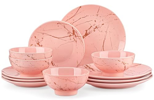 LOVECASA 12 Piece Dinner Set for 4, Daphne Reactive Glaze Dinnerware Sets Included Plates and Bowls, Non-Scratch and Sturdy, Dishwasher and Microwave Safe, Pink