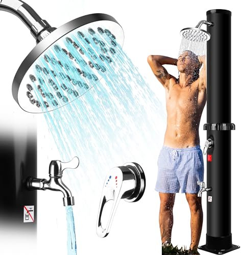 Ducha Solar Exterior 35 litros - Ducha Exterior Jardin Piscina con Rociador Giratorio y Grifo de pie, Temperatura Ajustable Hasta 60°C, Ducha de jardín para Piscina Patio, sin Conexión Eléctrica