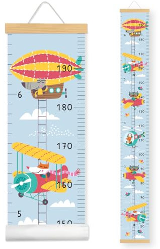 Messlatte Kinder-Wachstum Messlatte-Höhenlineal zum Aufhängen-Abnehmbare Leinwand mit Holzposterleiste - Kinderzimmer Deko und Geschenk zur Geburt(160cm x 20cm) (Blaues, Luftschiff)