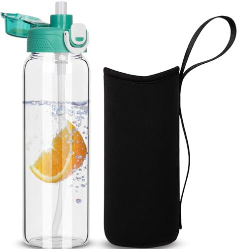 DEARRAY 0.8l Botella Agua Cristal con Pajita, 800ml a Prueba de Fugas Botella Gimnasio Vidrio Borosilicato Deportiva con Funda de Neopreno