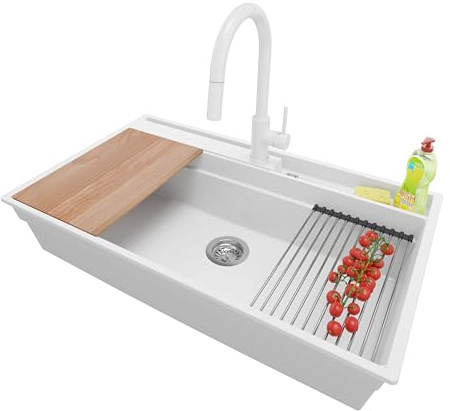 PRIMAGRAN Granitspüle ab 90er Unterschrank + Küchenarmatur, 88x53cm | Set: Küchenarmatur BW9010 + Ablauf-Set (Siphon, Ablaufgarnitur, Überlauf) + Spülbecken 1 Becken - Oslo 90 Pocket, Weiß
