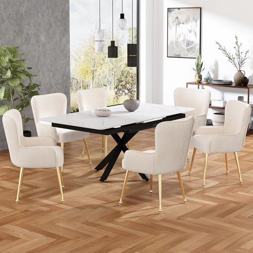 Soweiz Samt-Esszimmerstuhl, Luxuriös, Wohnzimmer, Schlafzimmer, Lounge-Stuhl mit Vier Goldene Metallstützbeinen, Mit Armlehnen und Verstellbaren Füßen, Lendenwirbelstütze (6, Beige)
