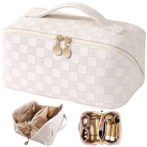 TOPALL Kosmetiktasche Reise Damen,Beauty Case PU Leder,Groß Make Up Tasche,Portable Schminktasche Kulturtasche Organizer mit Kapazität für Reisezubehör Travel Essentials Women(Checkered White)
