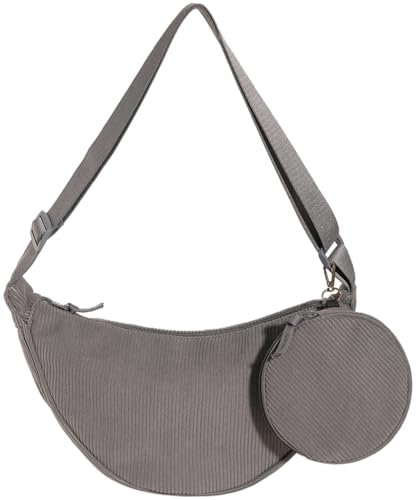 KESUDE Cord Crossbody Moon Bag Damen Klein Umhängetasche Damen Tasche Hobo, Halfmoon Bag Handtasche Schultertasche Bauchtaschen mit Ein Münzgeldbeutel & Verstellbarer Schultergurt,Grau