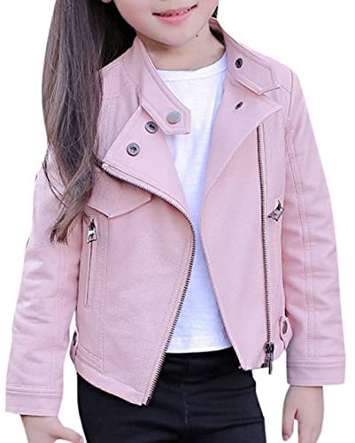 WOXIHUAN Giacca in Pelle Sintetica Bambino Ragazza Cappotto Corto Giacca In Pelle PU Motociclista Perfetto Inverno Autunno Casual A Maniche Lunghe In Finta Pelle Scamosciata Rosa 10-11 anni