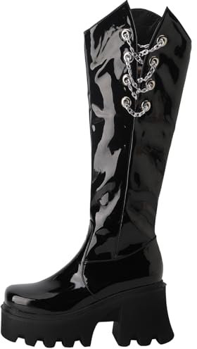 CHICMARK Stivali da donna a forma piatta, al ginocchio, con chiusura lampo e ornamento per la moda rilassato, Nero lucido, 41 EU