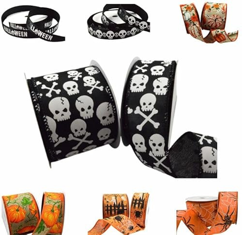 Happy Halloween Ribbon in a Range of Spooky Designs & Sizes - for Gift Wrapping, Decoration, Party Etc (Black Skull & Cross Bones, 5 Metres x 63mm)