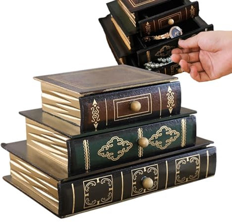 Desktop Storage Box - Wood Book Shape Desk Drawers Organizer,Vintage Storage Box Ornaments With 3 Layer For -Bookshelf, Desktop, Bedroom, Study Room