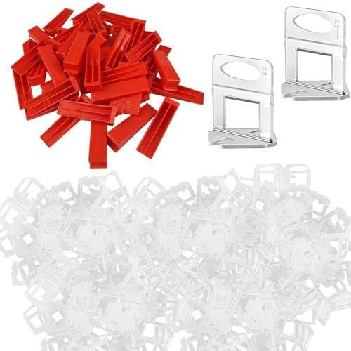 TUAKIMCE 600PCS Tile Leveling System 2mm Set, 500 x Tile Spacer Clips + 100 x Reusable Wedges,Tiles Spacers Clips Levelling System Tile Installation Tool for Stones and Floors