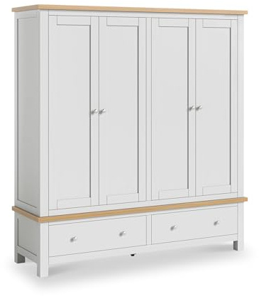 RoselandFurniture Farro Grey Extra Large 4 Door Wardrobe for Bedroom | Spacious Hanging Storage, with Drawers and Oak Trim, Matte Painted Body, Contemporary Coastal Style, H183cm W170cm D52cm