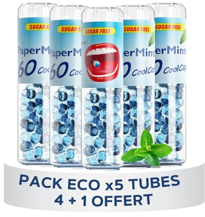 PAPERMINTS - Billes à la Menthe pour une haleine fraiche et durable - Combat la mauvaise haleine - Bonbon menthol sans sucre ni alcool - Grand format - PACK DE 5 TUBES - 300 billes