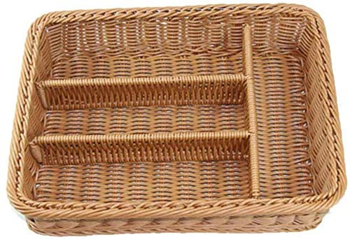 Organizador de cajones de cocina, cesta de cubiertos con 4 compartimentos, bandeja de almacenamiento de ratán para cocina