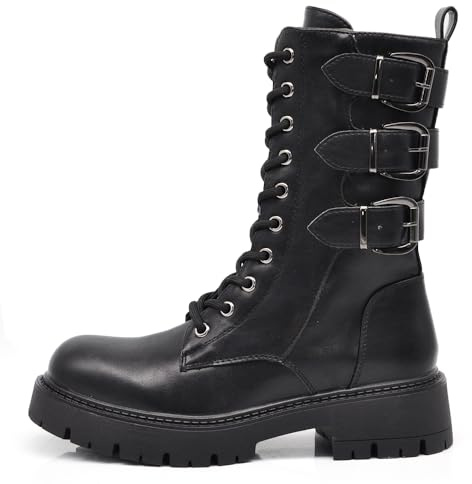 IF Stivali da donna stile combat con lacci multi fibbie look punk/gotico casual RQY148 nero N.39