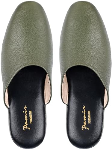 PAMIR Women's Genuine Leather Hand-Turned Scuffs - Indoor House Slippers with Memory Foam, Silent Suede Sole, Avocado Size US 8