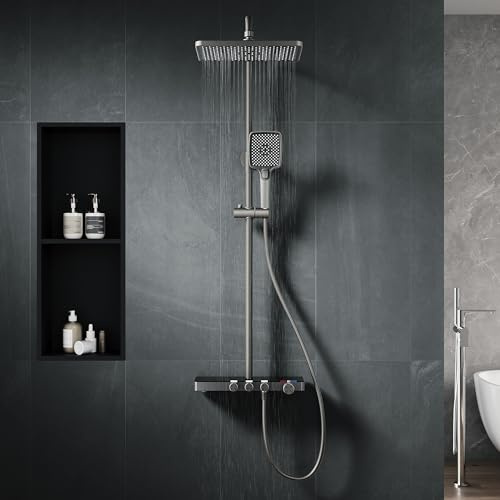 SONNI Duschsystem mit Thermostat Anthrazit Duschset Matt Regendusche Eckig | 38°C Thermostat, KTW-/WRAS-Zertifizierung, eckige Kopfbrause, Handbrause mit 3 Strahlarten und höhenverstellbare Brausestange