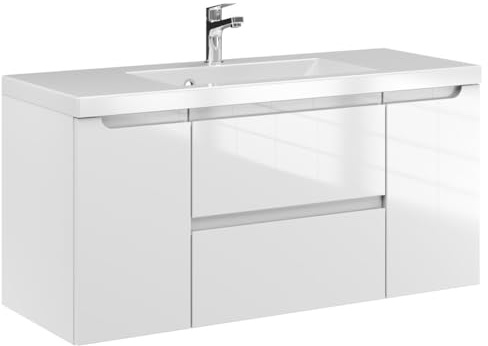 Furni Waschtischunterschrank ETH 100 cm D – Weiß Hochglanz – Hängender Badschrank mit Mineralguss-Waschbecken – Frezgriffe – Vormontiert