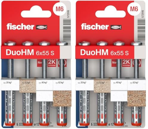 fischer 572916 DuoHM Hohlraumdübel 6 x 55 S TX mit metrischer Flachkopfschraube und TX-Antrieb zur Befestigung von TV-Halterungen, Leuchten, Wandregalen etc. in Plattenbaustoffen (4 Stück)