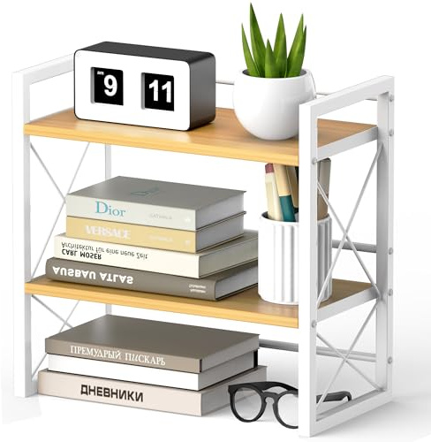 Alytree Desk Shelf Organizer, Wood Desktop Bookshelf Supplies Storage Rack, Shelf for Living Room, Bedroom, Kitchen and Office, White